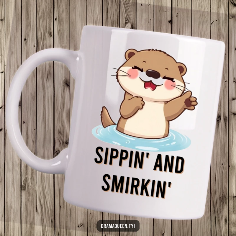 Funny Otter Mug: A delighted otter with a playful wink strikes a dramatic, aquatic pose with flair.