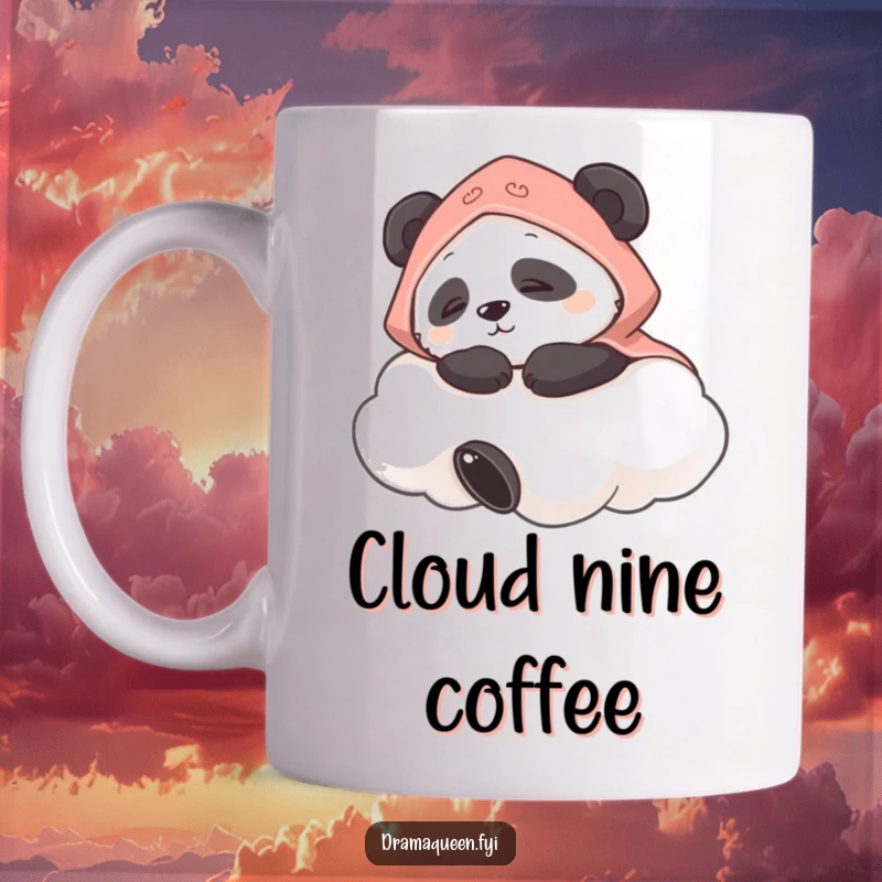 Funny mug featuring a contented panda wearing a tiny cape, peacefully napping on a soft fluffy cloud, radiating ultimate relaxation.