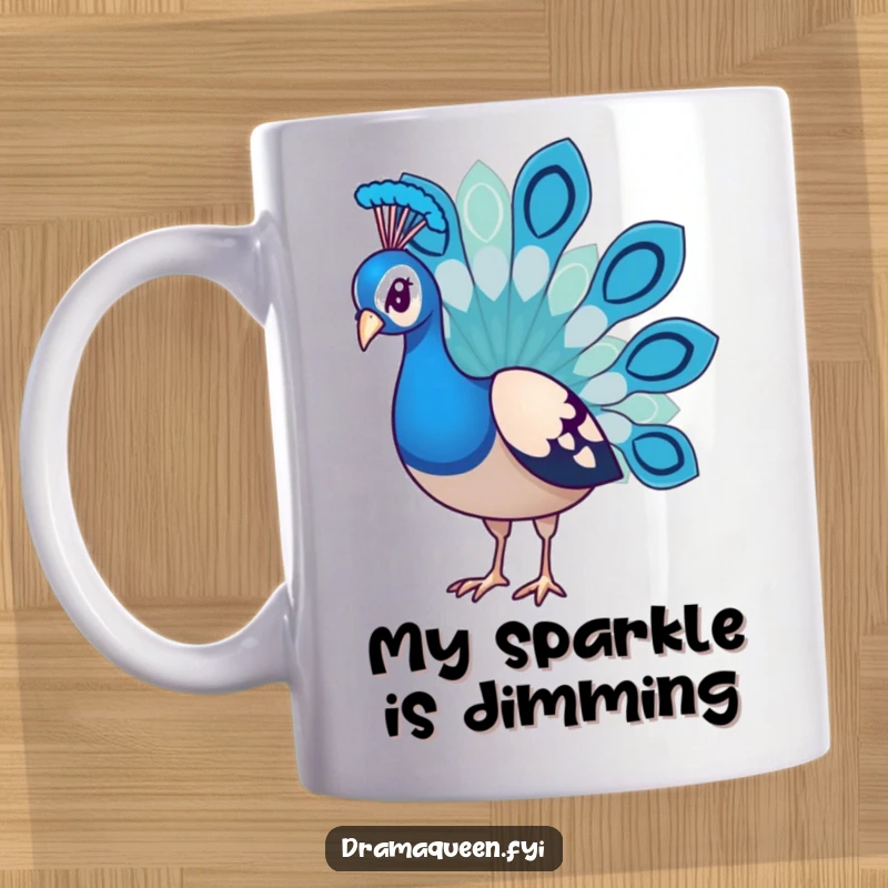 Funny Peacock Mug with droopy feathers in a sad pose, expressing disappointment and humor, perfect for a relatable gift.
