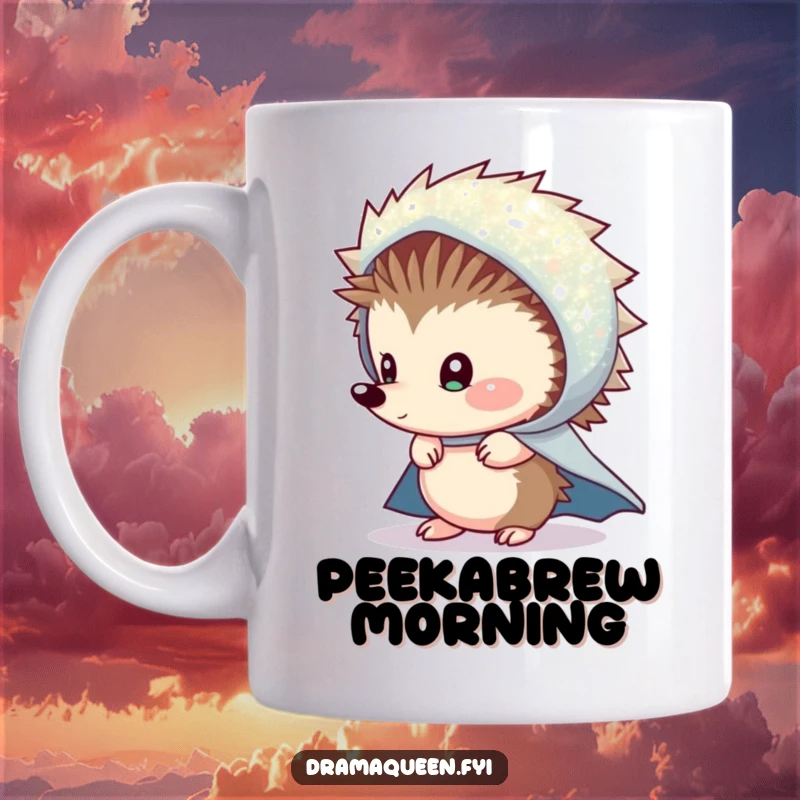 Funny Shy Hedgehog Cape Mug: A shy hedgehog wearing a sparkly cape, peeking out with one eye, perfect for secret admirers.