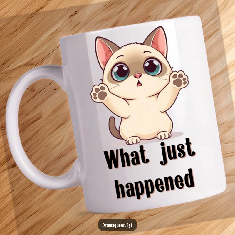 Funny Mug: Siamese cat with huge, wide eyes, throwing its paws up in a comical expression of surprise.