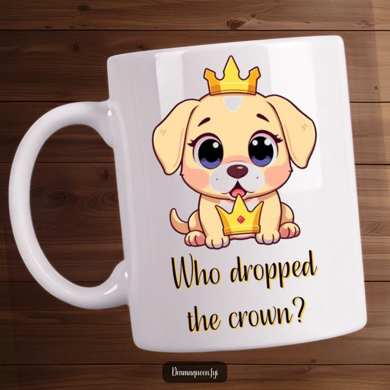 Funny surprised puppy mug showing a puppy dropping a tiny crown with wide, expressive, shocked eyes.