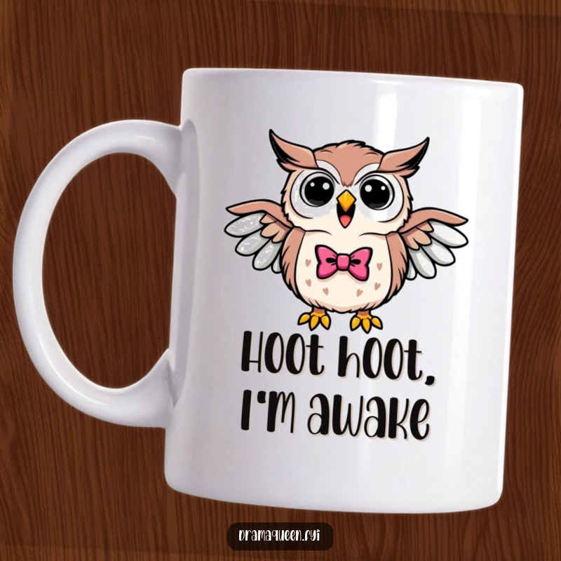 Funny mug with a triumphant owl wearing a bowtie, spreading its wings and hooting loudly with ecstatic joy.