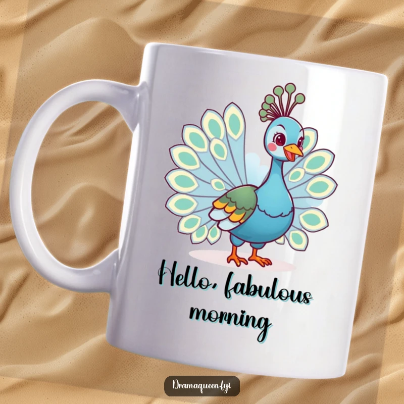 Funny mug featuring a regal peacock fanning its colorful tail feathers with a cheerful, proud grin, exuding confidence and humor.
