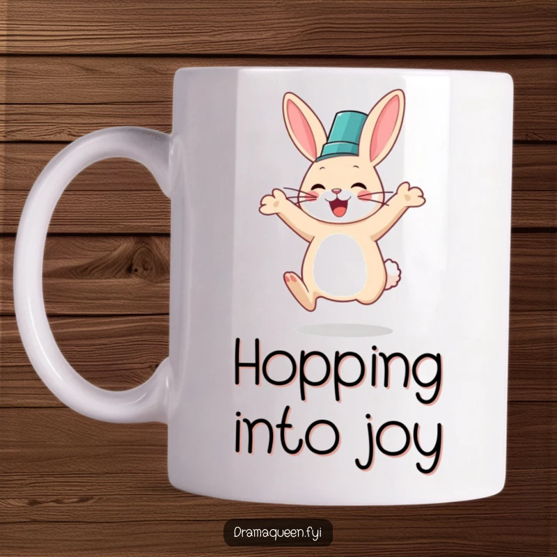 Funny mug featuring a very happy rabbit in a fancy hat exuberantly jumping with pure delight, radiating infectious joy.