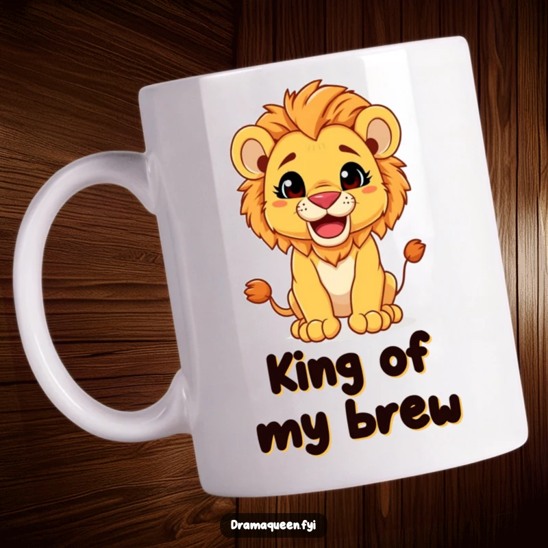 Funny Mug: Cute lion cub striking a regal pose with a wide, playful, and majestic grin.