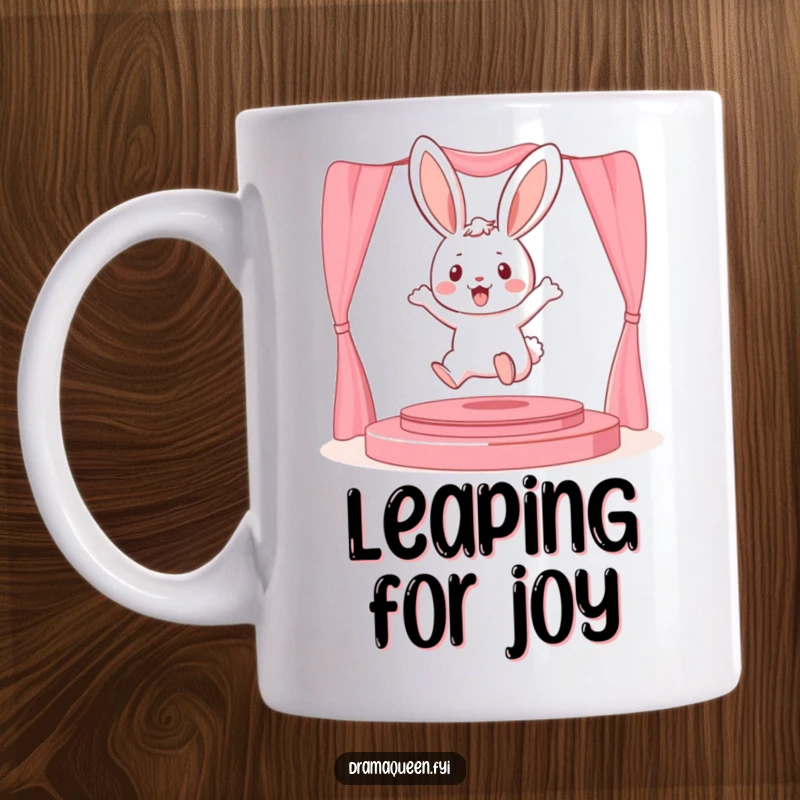 Funny playful bunny character leaping onto a miniature stage on a mug, radiating energy and performance, a great gift.