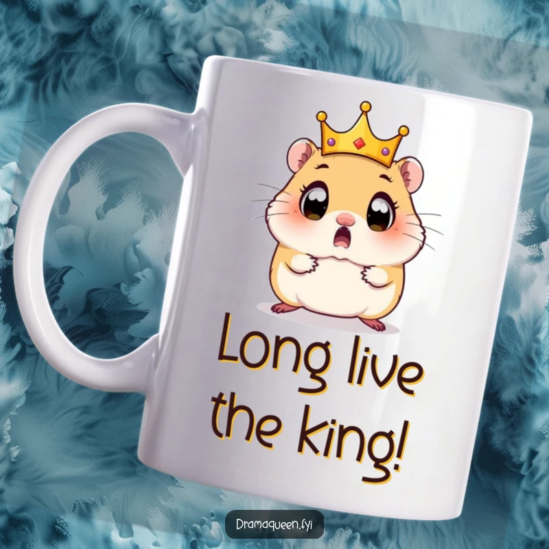 Funny Hamster Mug: A surprised hamster with wide eyes watches its tiny crown comically tumble off its head.