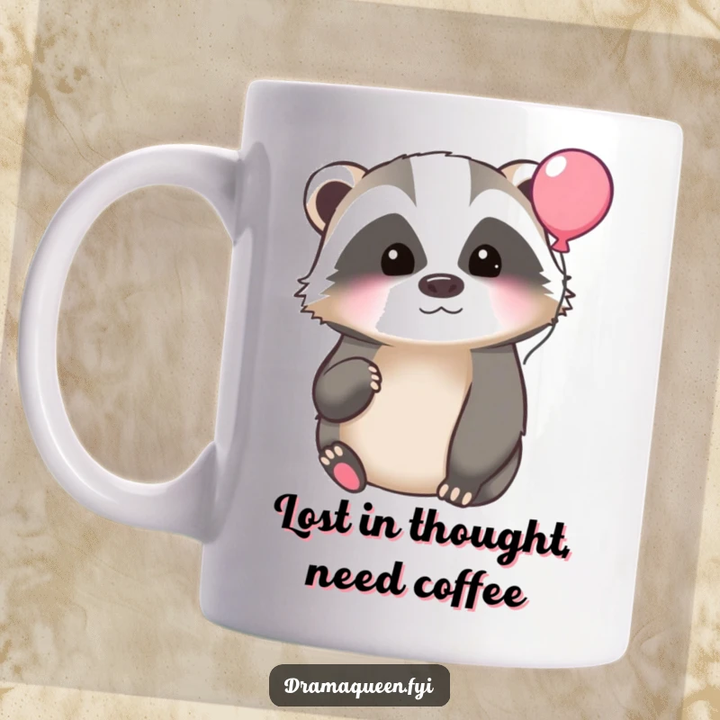 Funny mug featuring a thoughtful badger with a faraway look, gazing wistfully at a lone floating balloon, evoking peaceful contemplation.