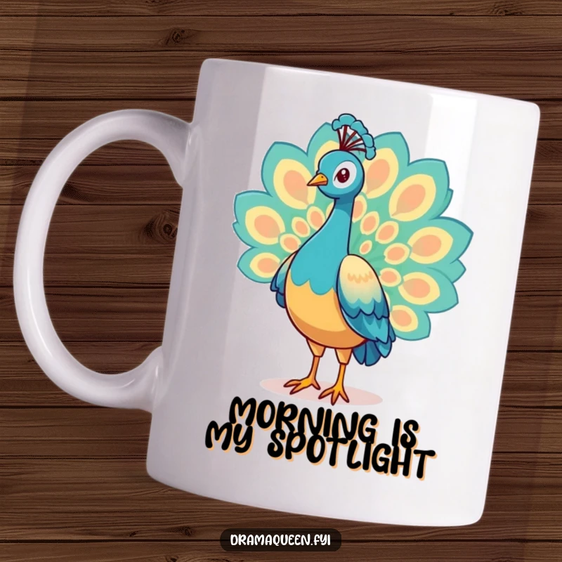 Funny Peacock Mug featuring a proud character showing off its magnificent, shimmering tail feathers with colorful flair.