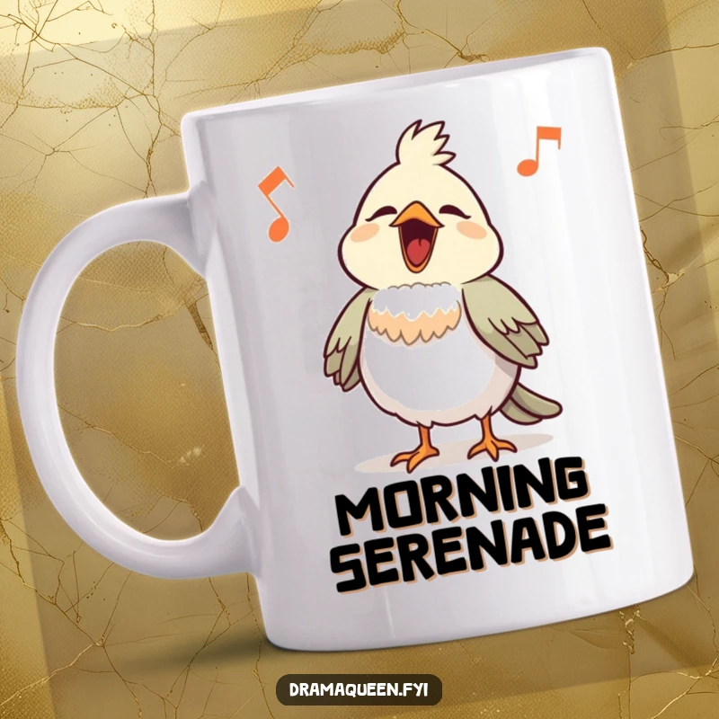 Funny Bird Mug: A proud little bird with chest puffed out sings a loud, comical tune with gusto.