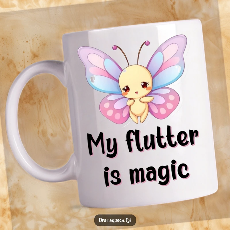 Funny Mug: Elegant butterfly with large, elaborate wings striking a dramatic pose in mid-air.