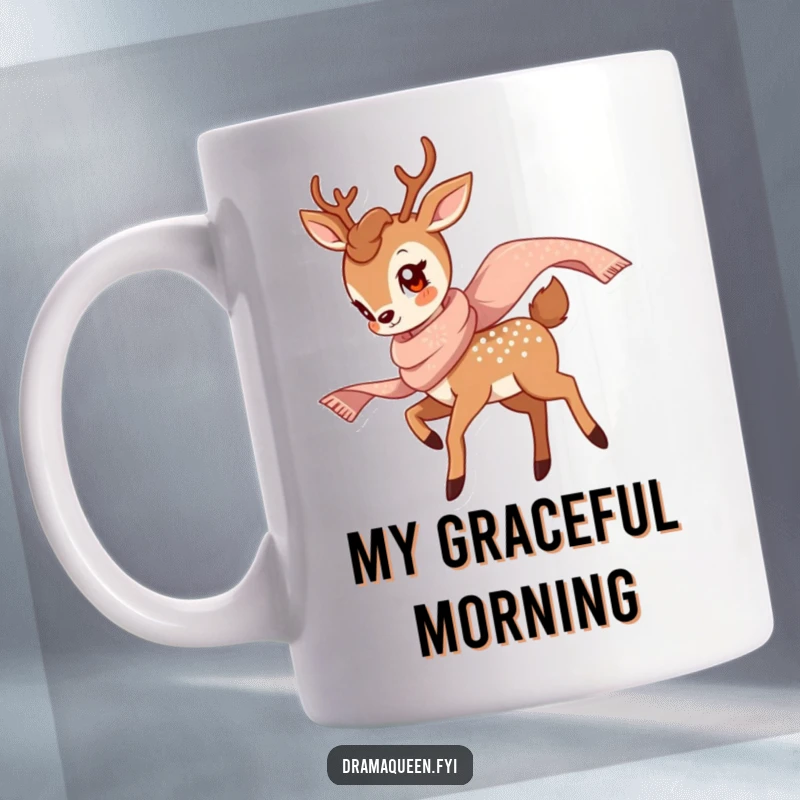 Funny Deer Twirl Mug featuring a graceful deer with a gentle smile, elegantly twirling with a shimmering scarf, exuding charm.