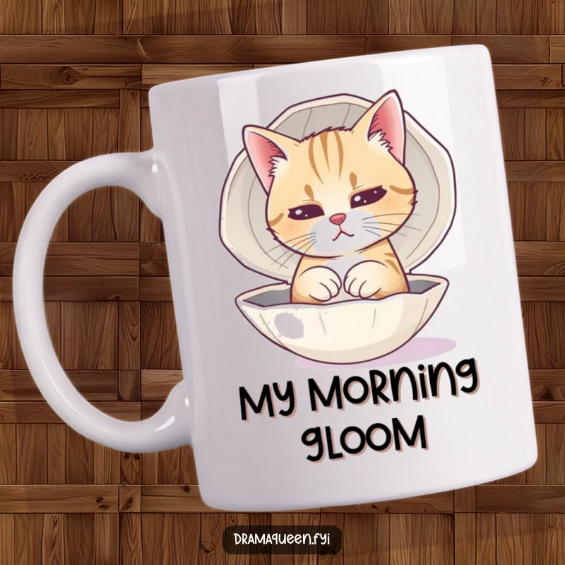 Funny Cat Mug showing a feline practicing a sad face in a polished seashell, looking dramatic and cute.