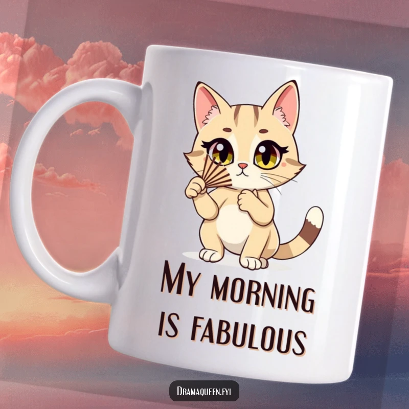 Funny cat mug with a stylish cat character dramatically fluttering a fan, wide expressive eyes, conveying sass and humor.