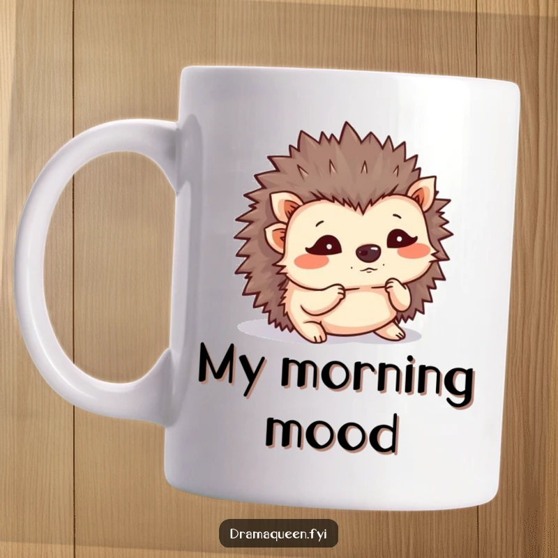 Funny hedgehog mug featuring a tiny, flustered hedgehog shaking its quills. Captures a relatable, prickly mood. Perfect gift.