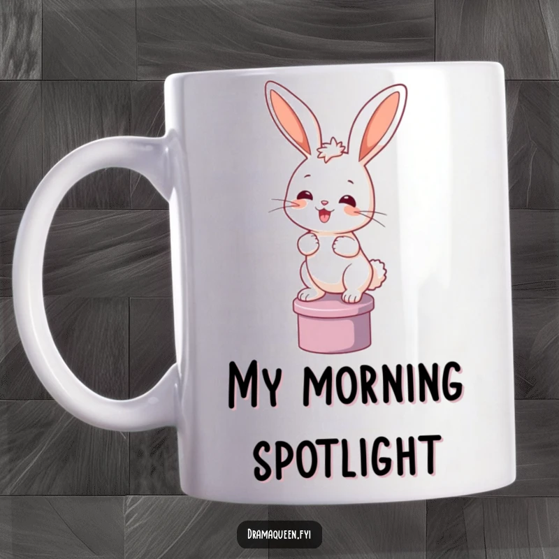 Funny bunny mug with a happy rabbit standing proudly on a small pedestal, ears perked. A humorous and celebratory gift.