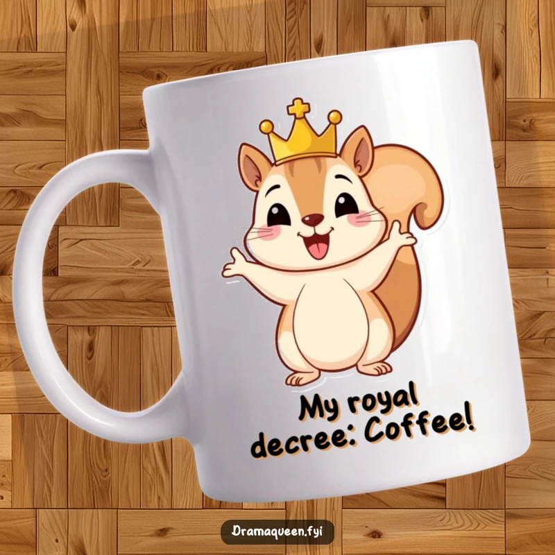 Funny mug featuring a cheerful squirrel wearing a small golden crown, gesturing grandly with a paw, exuding quirky regality.