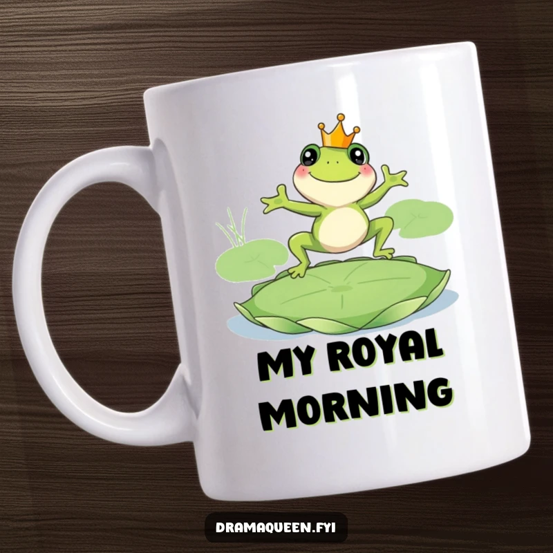 Funny frog king mug with a smiling frog wearing a crown leaping onto a giant lily pad. Joyful and regal. Perfect gift.