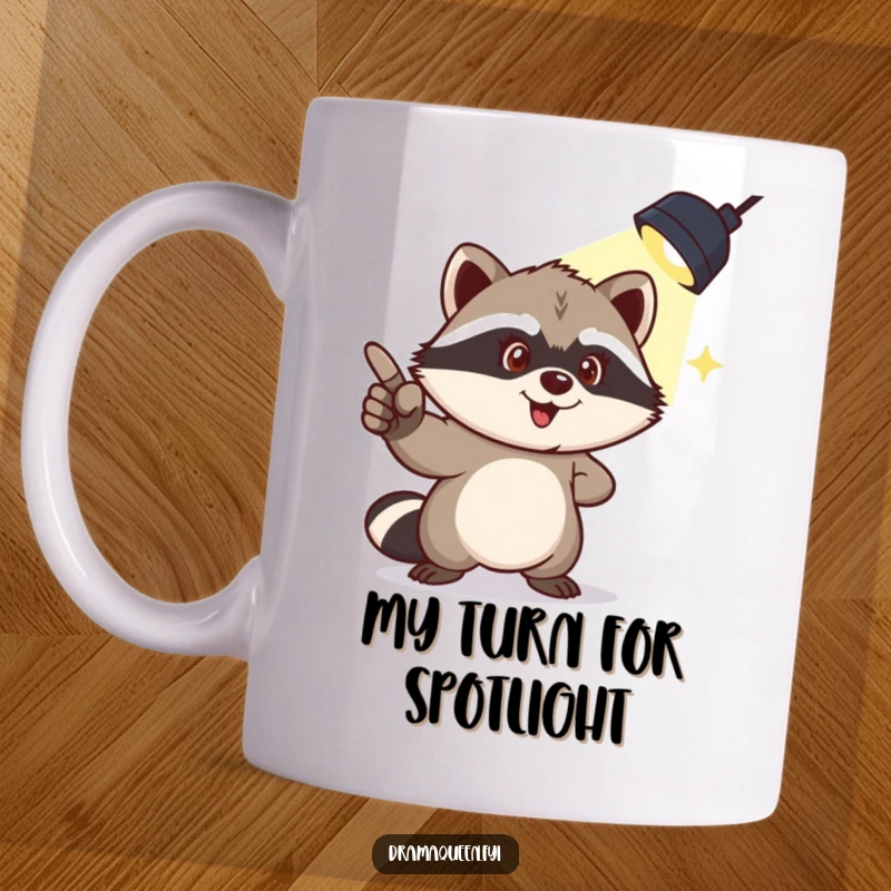 Funny mug featuring a mischievous raccoon pointing dramatically at a spotlight overhead, capturing playful guilt and humor.