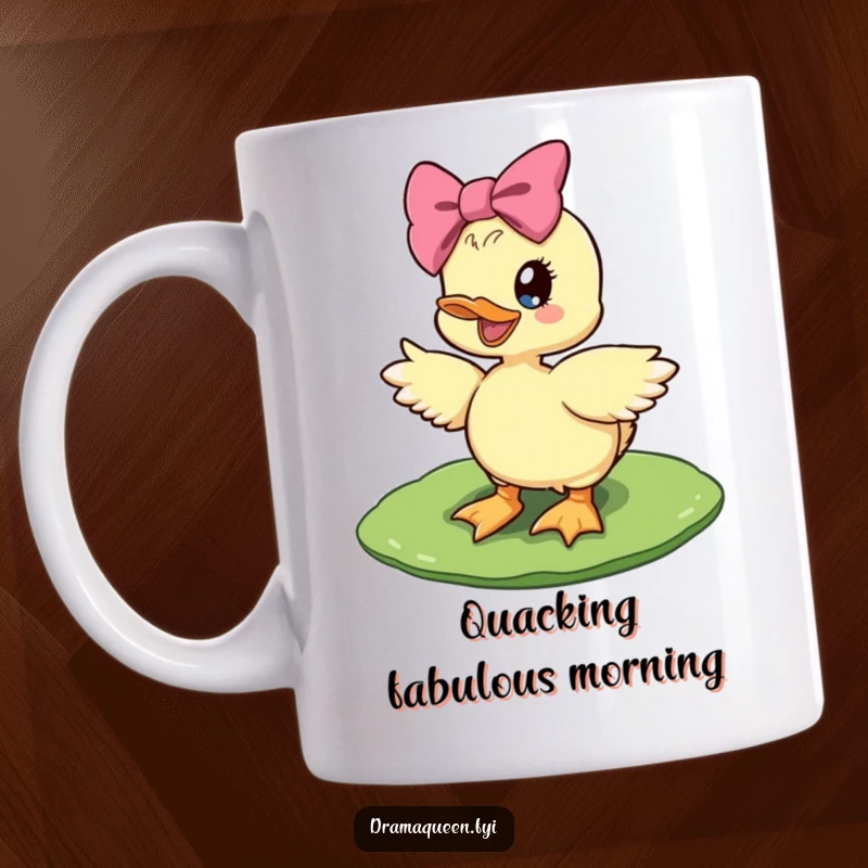 Funny diva duckling mug showing a delighted duckling with a giant bow striking a fabulous pose on a lily pad.