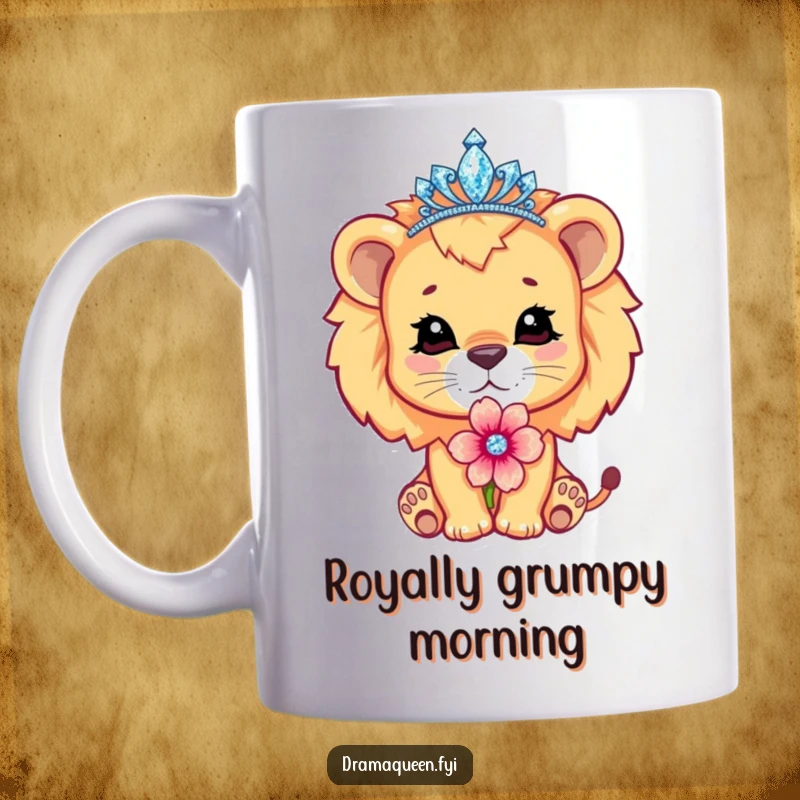 Funny cute lion cub character wearing a sparkling tiara, pouting dramatically with a flower, adorable, witty mug.