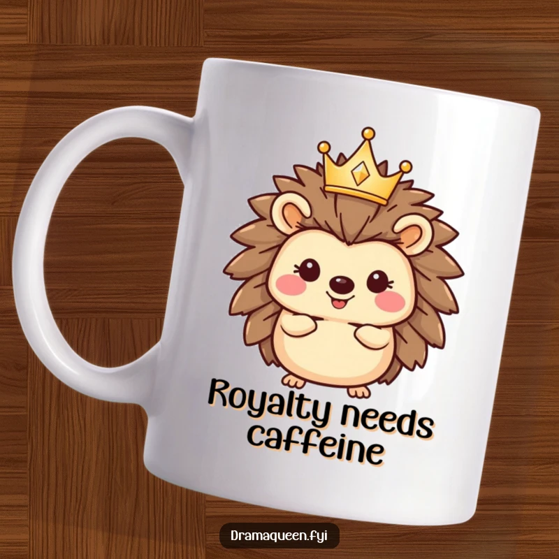 Funny hedgehog mug with a tiny, sparkling crown tilted jauntily on its head, looking happy and regal, perfect for coffee lovers.
