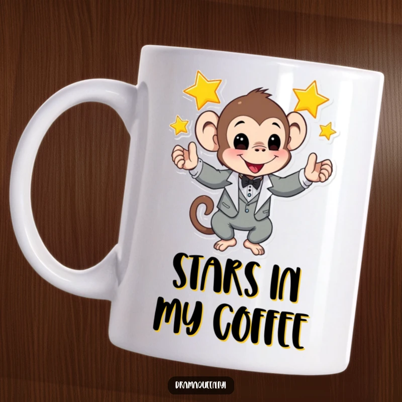 Funny mug featuring a playful monkey in a tuxedo skillfully juggling three shining stars, a spectacle of cosmic fun.