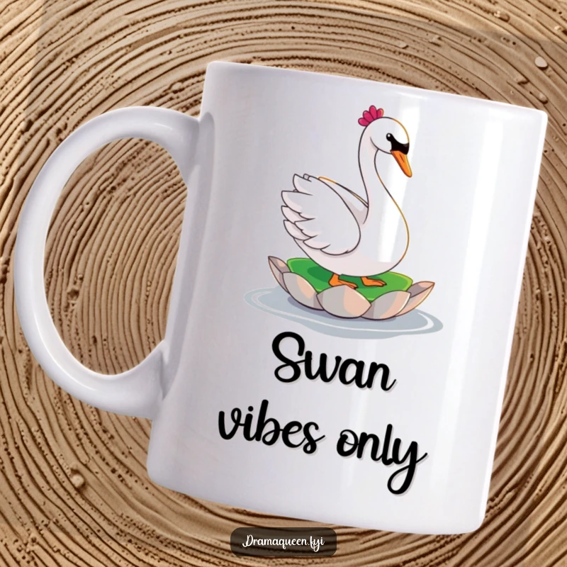 Funny swan mug depicting a glamorous character striking a dramatic pose on a small, floating lily pad, exuding elegance and humor.