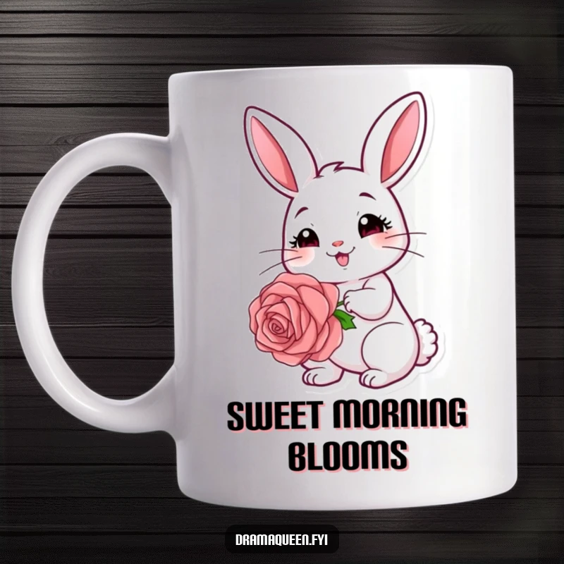 Funny rabbit mug featuring a cute bunny holding a large rose with a coy expression, radiating sweetness and charm.