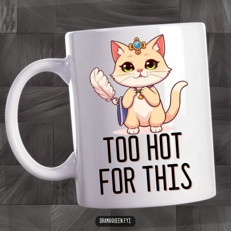 Funny regal cat dramatically fanning herself with a feather on a mug, exuding sass and humor, a great gift.