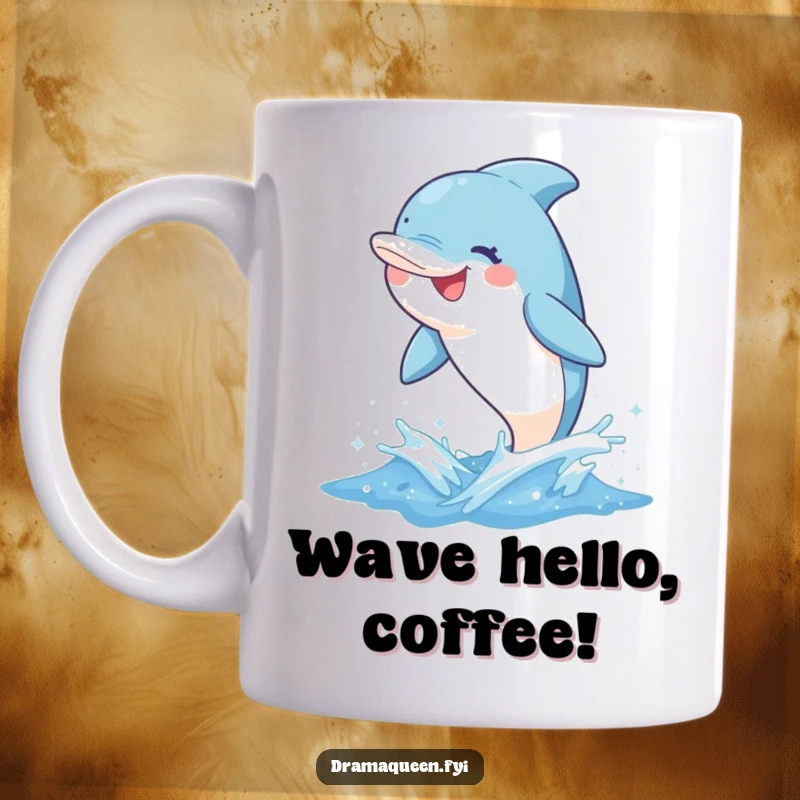 Funny dolphin mug with a delighted character leaping from a sparkly wave, showcasing a whimsical grin and aquatic fun.