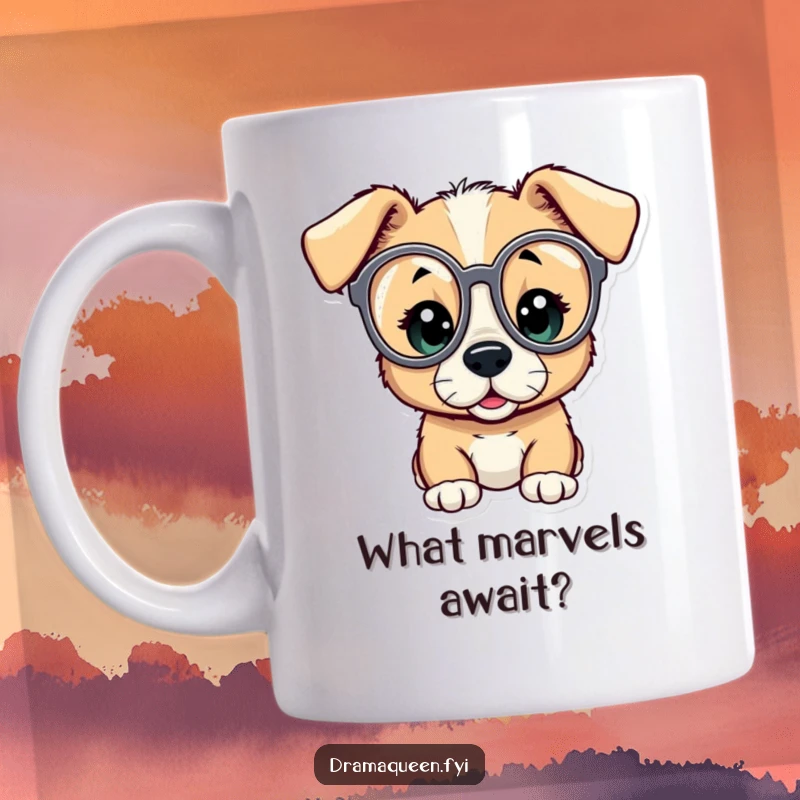 Funny mug featuring a curious puppy peeking through oversized opera glasses, looking utterly amazed with wide, expressive eyes.
