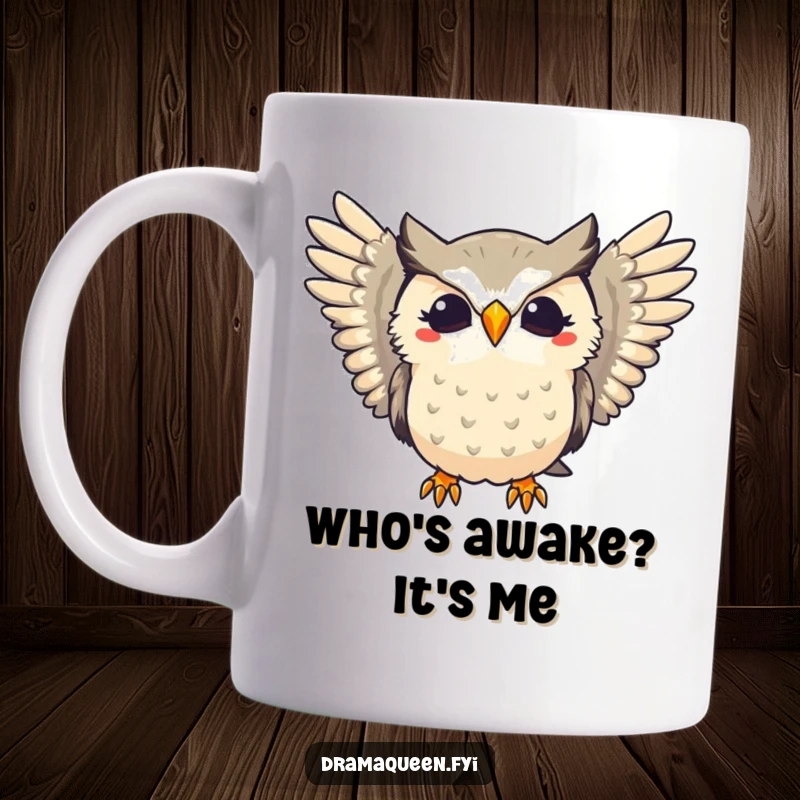 Funny mug featuring a dramatic owl hooting with flair and wings extended, embodying a theatrical personality and comedic presence.