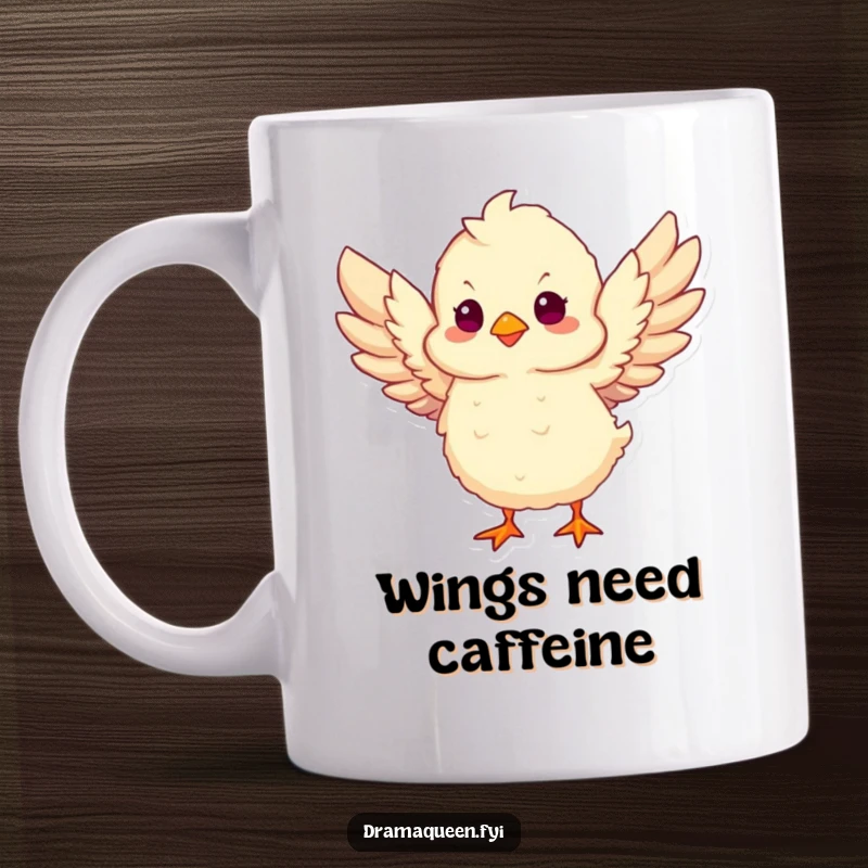 Funny Chick Take Flight Mug featuring a fluffy chick dramatically flapping its wings, ready to launch into the sky with enthusiasm.