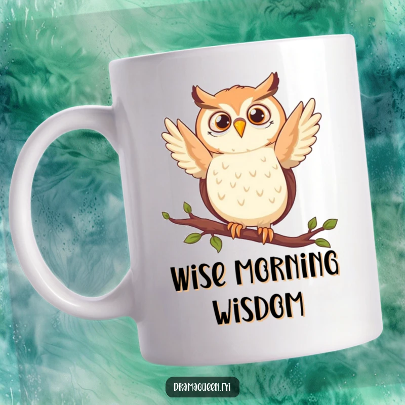 Funny owl mug featuring a delighted character dramatically striking a pose on a branch, looking wise and humorous, ideal for coffee drinkers.