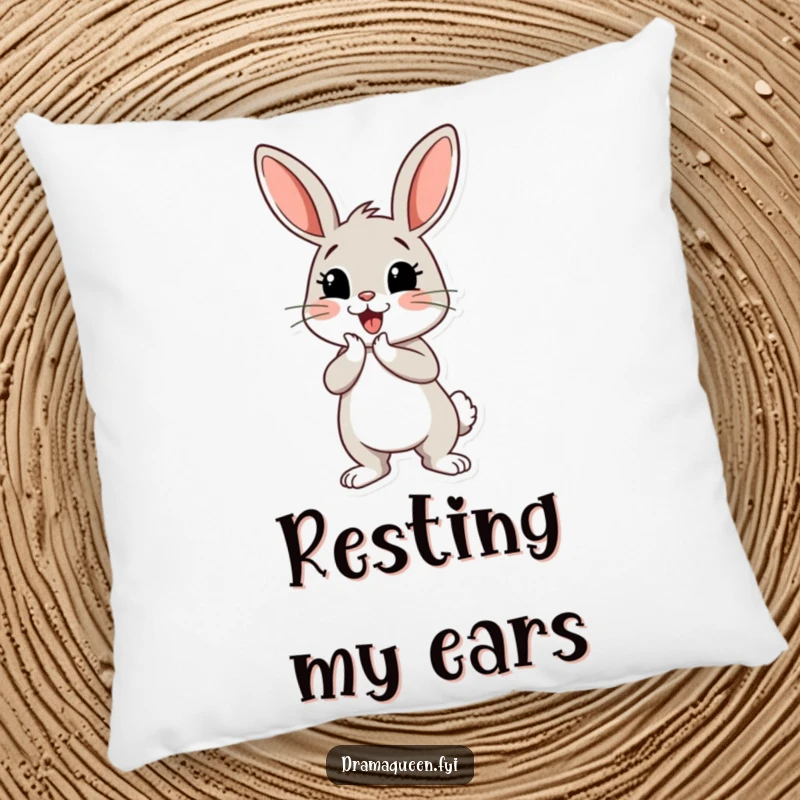 Funny bunny pillow with a cheerful bunny character performing a dramatic curtsey, soft and decorative for whimsical humor.