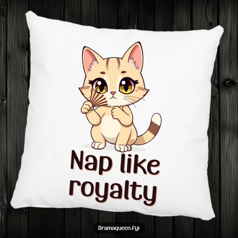 Funny cat pillow with a stylish cat character dramatically fluttering a fan, soft and decorative accent for humor.