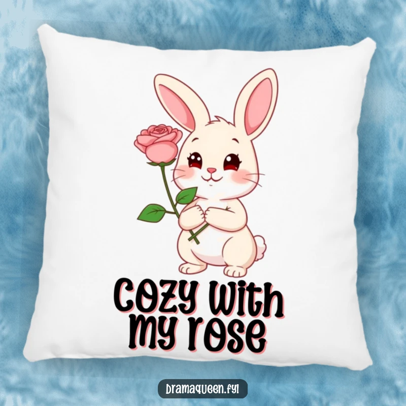 Funny Rabbit Pillow: Cheerful rabbit holding a rose with a coy expression, a cute and comfy romantic funny gift.