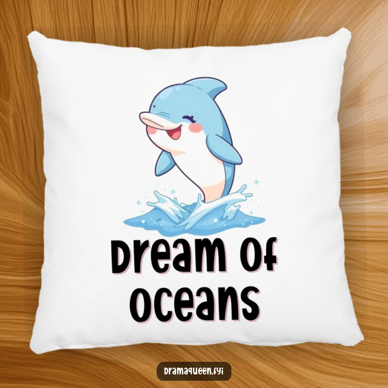 Funny dolphin pillow showcasing a delighted character leaping from a sparkly wave with a whimsical grin, perfect for cozying up.