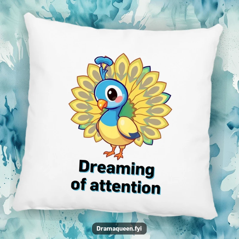 Funny Pillow: Soft and decorative peacock fanning its voluminous tail feathers with a dazzling, proud flourish.