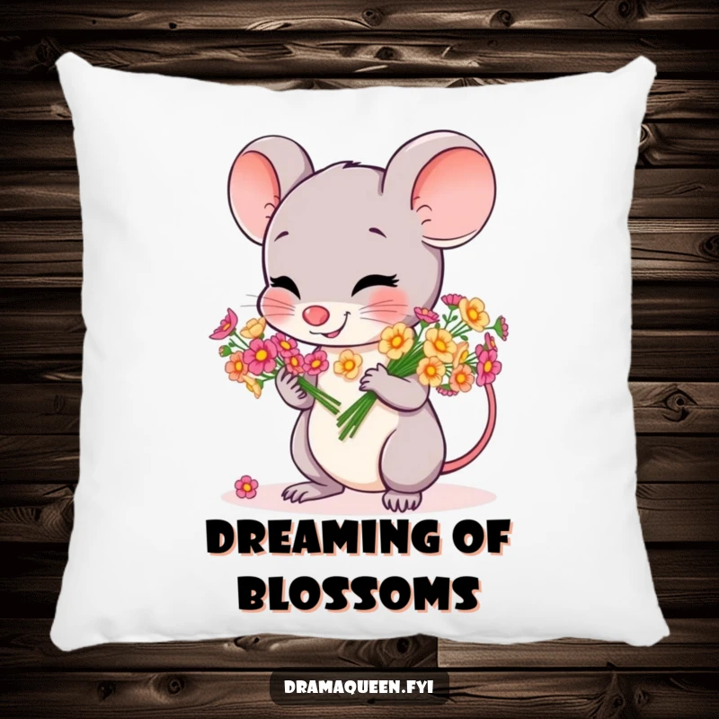 Funny throw pillow featuring a cheerful mouse character bowing gracefully with a bouquet of tiny, colorful flowers, offering cozy charm.