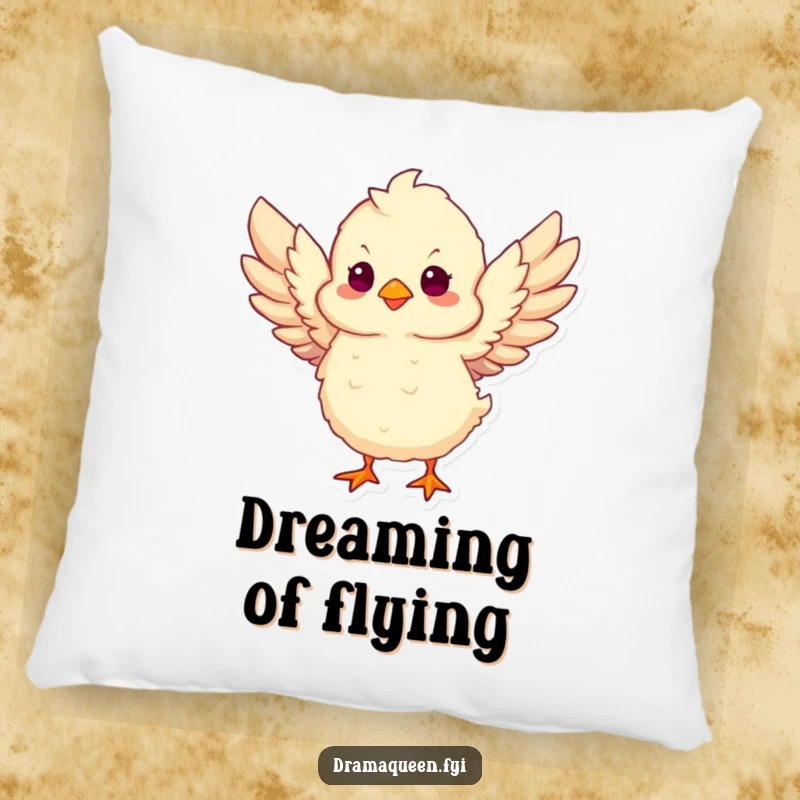 Funny Chick Take Flight Pillow featuring a fluffy chick flapping wings, ready to inspire dreams with humorous motivation.