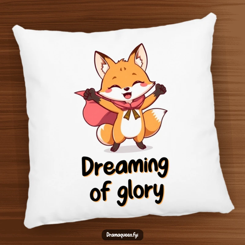 Funny pillow with a triumphant fox in a flowing cape, striking a heroic pose, offering plush comfort and laughter.