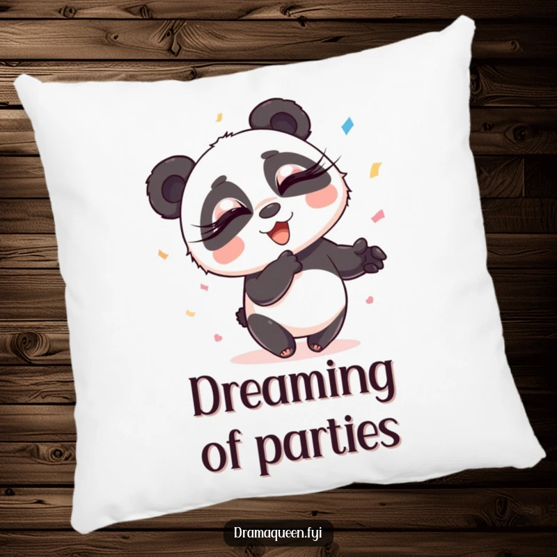 Funny Panda Pillow: A delightful panda with long eyelashes joyfully throws confetti, showcasing exaggerated flair, a comfy funny gift.