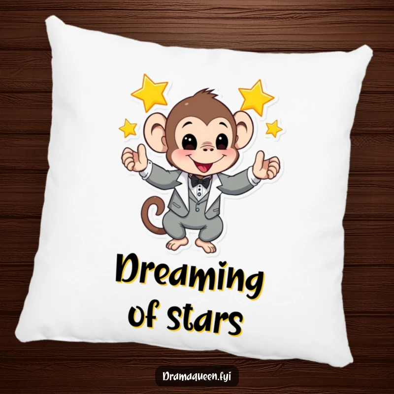 Funny pillow showcasing a monkey in a tuxedo juggling shining stars, offering soft, humorous comfort and cosmic appeal.