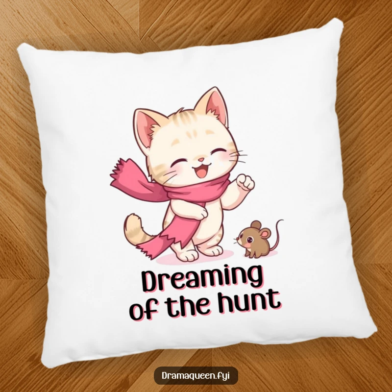Funny kitten pillow with a soft texture, showing a cute cat in a pink scarf reaching for a toy mouse, adds charm.