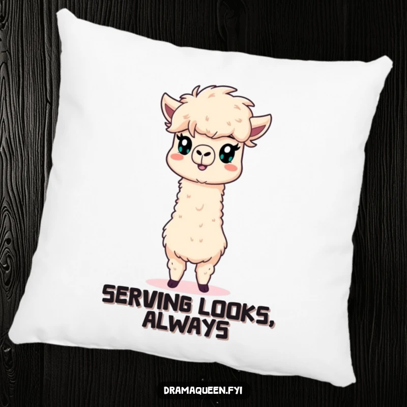 Funny alpaca pillow showcasing a dramatic pose with an impressively fluffy mane, providing comfort and a good laugh.