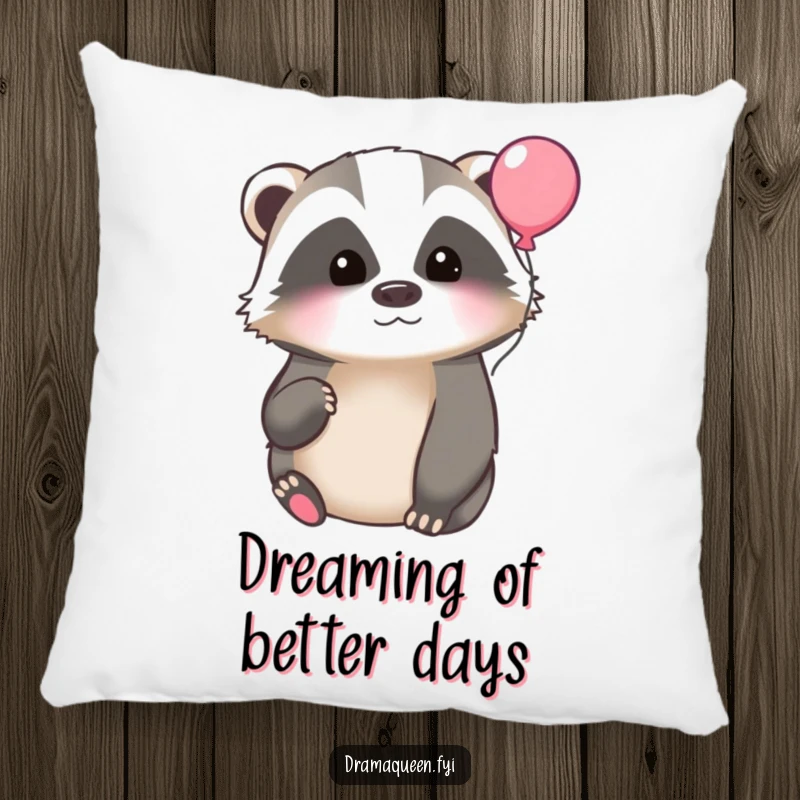 Funny pillow featuring a thoughtful badger with a faraway gaze at a floating balloon, providing comfort and a touch of humorous introspection.