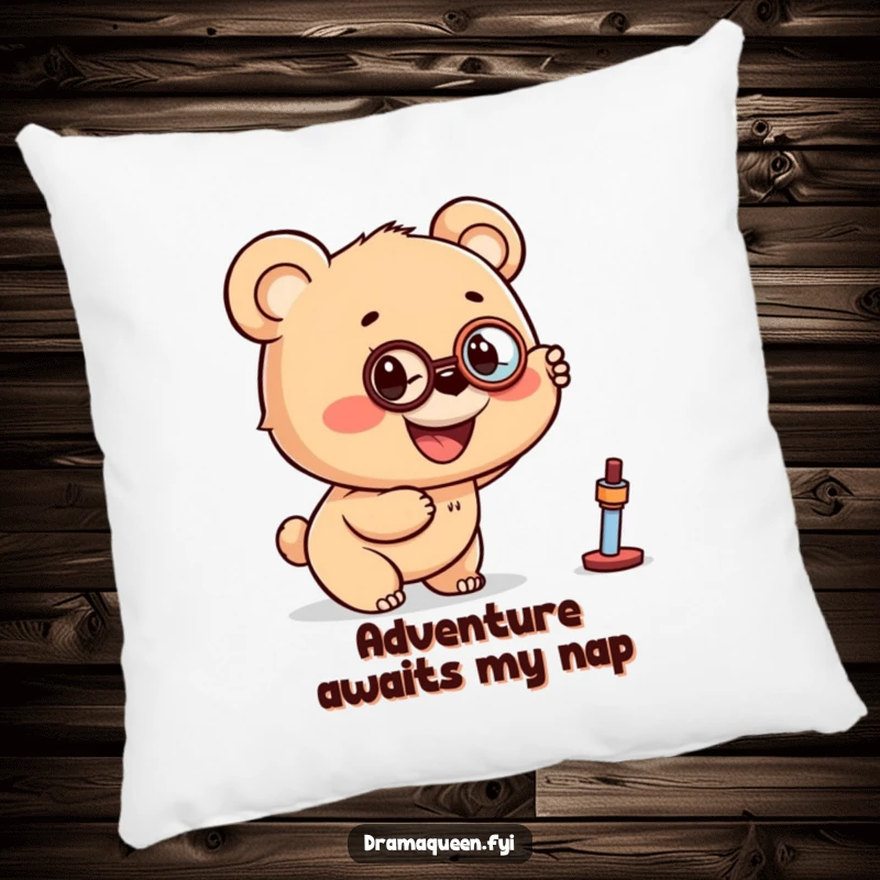 Funny pillow of a bear cub wearing a monocle, pointing excitedly at a distant object, offering plush, curious comfort.
